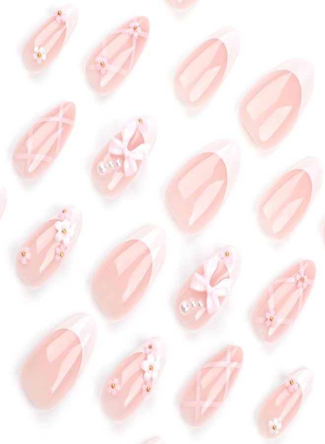 ASONRL ASNORL 24 Pcs Acrylic Press on Nails Almond - Short Medium Pink Bow French Tip False Nails Art with Flower Rhinestones, Glue On Nail Designs Reusable False Nails for Women - Almond Pink Bow - Image 4